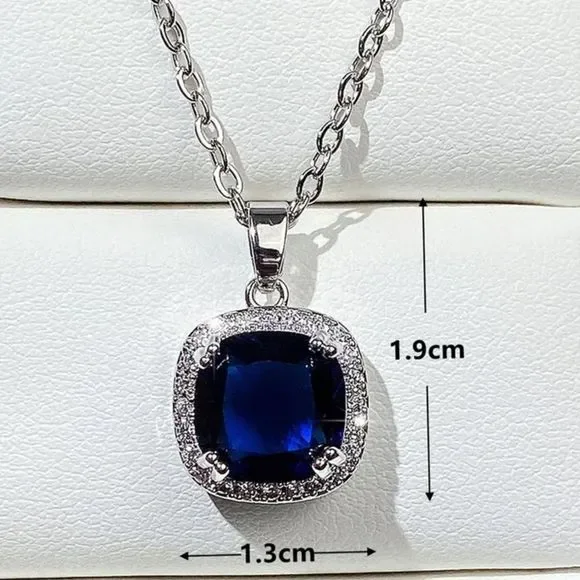 💙 Cushion Cut Blue Sapphire Cz Diamond Halo Necklace - Picture 6 of 14